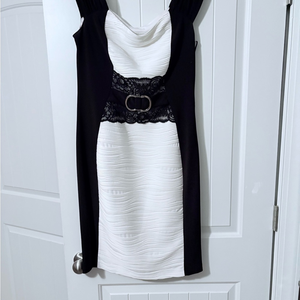 Joseph Ribkoff Black and White Cowl Neck Bodycon Dress